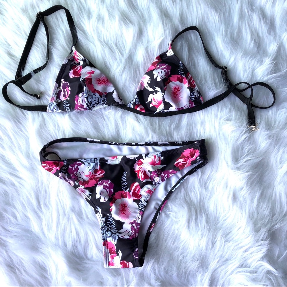 NEW Floral String Bikini Black and Pink Large